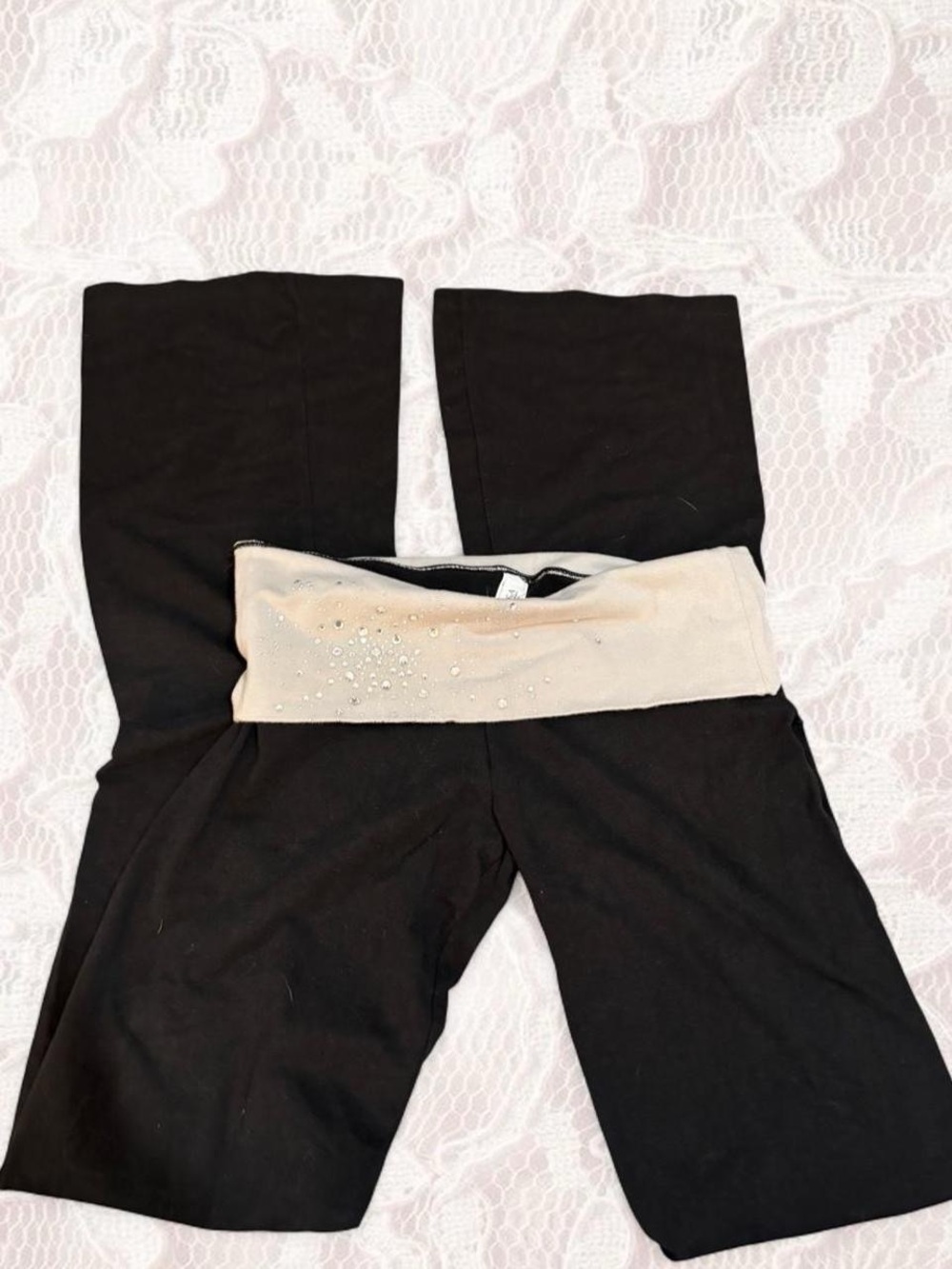 Victoria's Secret Black Leggings with Beige Fold-Over Embellished Waistband